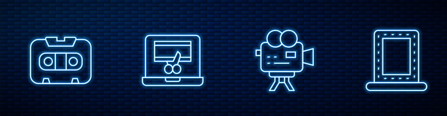 Poster - Set line Retro cinema camera, audio cassette tape, Video recorder on laptop and Makeup mirror with lights. Glowing neon icon on brick wall. Vector