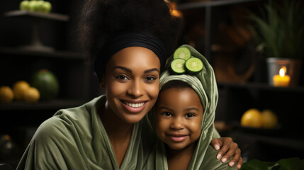 Happy african american mother and daughter in green bathrobes with cucumber at home.