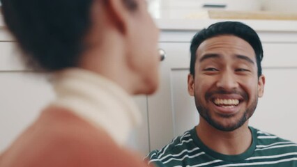 Fototapete - Face, couple and laugh in home for conversation, talking and chat together for love, care and happy relationship. Asian man smile with woman for funny joke, communication and discussion in apartment
