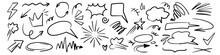 Charcoal Pen Liner Doodle Elements, Crown, Emphasis Arrow, Speech Bubble, Scribble. Handdrawn Cute Cartoon Pencil Sketches Of Decorative Icons. Vector Illustration Of Cloud, Highlight, Explosion, Sunb
