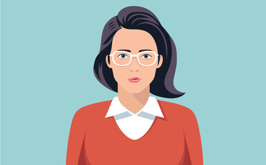 Poster - Regular serious woman face portrait vector - Illustration of normal casual female person with glasses looking in to camera, in front view flat design