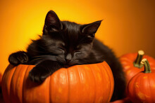 Black Cat Sleeping At Pumpkin On Orange Background. Happy Halloween. Cute Black Kitten Posing At Holidays Decorations, Celebrating Halloween At Home. Cozy Wallpaper.