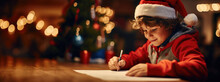 Young Boy Joyfully Writing His Christmas Wish List In His Santa Hat, Warm Color, Interior Of A Friendly House In The Background, Beautiful Bokeh, Christmas Panorama Portrait, AI
