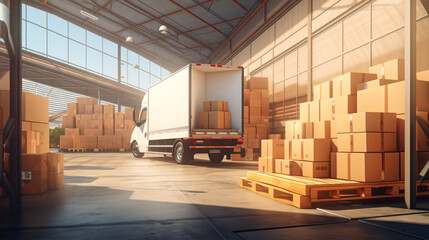 Wall Mural - Logistics Warehouse outside with Open Door, Delivery Van with Cardboard Boxes.