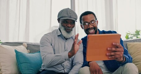 Poster - Home, video call or father with son, tablet or conversation with network, connection or greeting. Wave, dad or black men on a couch, technology or relax with chatting, discussion or hello in a lounge