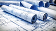 © ckybe - Paper rolls of architectural drawings and blueprint background