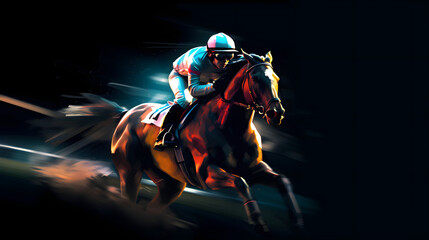 Wall Mural - Horse racing at night. Digital illustration of thoroughbred and jockey.