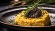 Sweet chestnut and sweet potato mash artistically plated with a garnish of fresh herbs