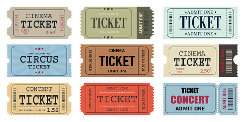 Wall Mural - Vector set of admit one tickets template. Ticket for cinema,movie,circus,theatere,film,festival,casino,club,music etc. Event admission, entrance pass set .Vector illustration