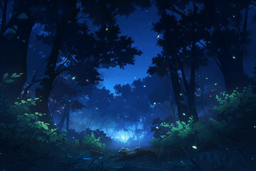 forest night starry sky fairy tale adventure full moon fireflies