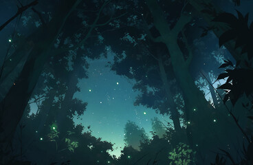 forest night starry sky fairy tale adventure full moon fireflies