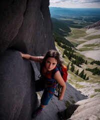 Wall Mural - The girl climbs the rock. The climber is training to climb the rock. A strong athlete overcomes a difficult climbing route. Extreme hobby. A woman goes in for sports in nature. Natural rocky terrain.