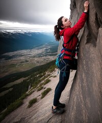 Wall Mural - The girl climbs the rock. The climber is training to climb the rock. A strong athlete overcomes a difficult climbing route. Extreme hobby. A woman goes in for sports in nature. Natural rocky terrain.