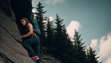 Wall Mural - side view of young slim woman rock climber in bright blue backpack climbing on the cliff. a woman climbs on a vertical rock wall on the blue sky background