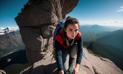 Wall Mural - side view of young slim woman rock climber in bright blue backpack climbing on the cliff. a woman climbs on a vertical rock wall on the blue sky background