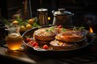 Rustic kitchen, gold pancakes with syrup and fresh fruits., generative IA