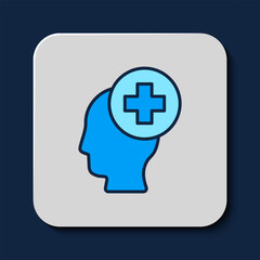 Poster - Filled outline Male head with hospital icon isolated on blue background. Head with mental health, healthcare and medical sign. Vector