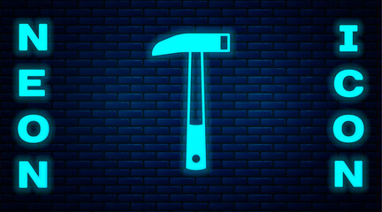 Sticker - Glowing neon Firefighter axe icon isolated on brick wall background. Fire axe. Vector