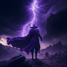 A Wizard Conjuring A Thunderstorm In A Desolate, Rocky Wasteland, With Lightning Bolts Illuminating The Purple