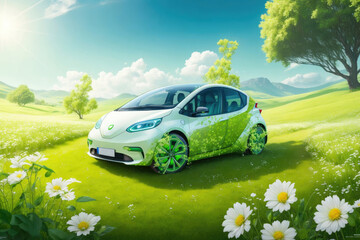 a green EV car surrounded by grass and flowers. ai generative