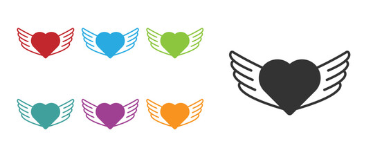 Sticker - Black Heart with wings icon isolated on white background. Love symbol. Happy Valentines day. Set icons colorful. Vector