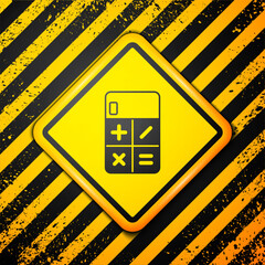 Poster - Black Calculator icon isolated on yellow background. Accounting symbol. Business calculations mathematics education and finance. Warning sign. Vector