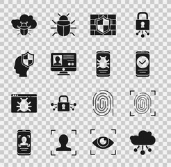 Poster - Set Internet of things, Fingerprint, Smartphone, Shield with brick wall, Create account screen, Head shield, System bug cloud and mobile icon. Vector