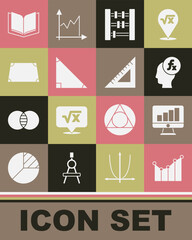 Poster - Set Graph, schedule, chart, diagram, Computer monitor with graph, Function mathematical symbol, Abacus, Triangle, Acute trapezoid shape, Open book and Triangular ruler icon. Vector