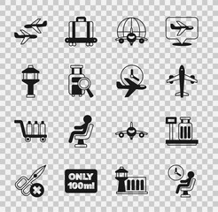 Sticker - Set Human waiting in airport terminal, Scale with suitcase, Plane, Globe flying plane, Lost baggage, Airport control tower, and Flight time icon. Vector