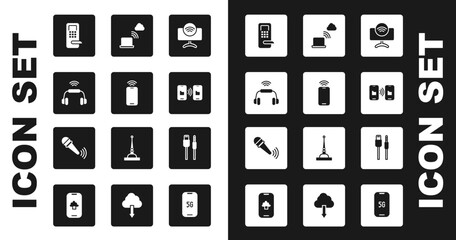 Poster - Set Smart Tv system, Mobile with wi-fi wireless, headphones, Digital door lock, Data transfer and storage, Network cloud connection, USB cable cord and Wireless microphone icon. Vector
