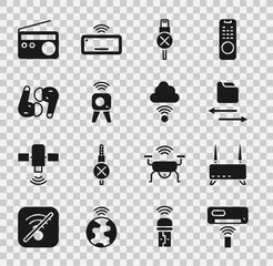 Poster - Set Air conditioner, Router and wi-fi signal, Transfer files, No usb cable cord, Web camera, headphones, Radio and Network cloud connection icon. Vector