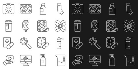 Sticker - Set line Measuring cup, Bottle with nozzle spray, Crossed bandage plaster, of medicine syrup, IV bag, Medicine bottle, First aid kit and Pills blister pack icon. Vector