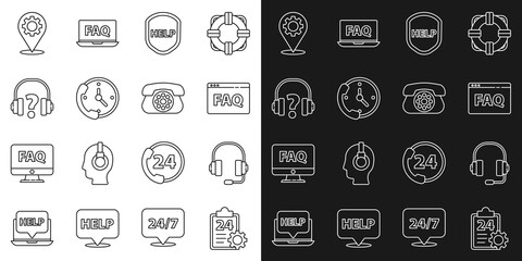 Poster - Set line Checklist with 24 hours service, Headphones, Browser FAQ, Shield text Help, Telephone support, Location gear and icon. Vector