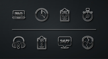 Poster - Set line Laptop and FAQ, Headphones, Stopwatch, Clock 24 hours, Clipboard with question marks, Time Management, Shield and Checklist service icon. Vector