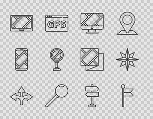 Poster - Set line Road traffic sign, Location marker, Monitor with location, Push pin, Gps device map, Stop, and Wind rose icon. Vector