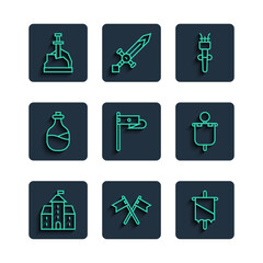 Sticker - Set line Castle, fortress, Crossed medieval flag, Medieval, Torch flame, Old bottle of wine, Sword the stone and icon. Vector