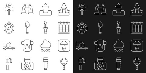 Sticker - Set line Magnifying glass, Mushroom, Calendar, Trash can, Shovel, Compass, Torch flame and Knife icon. Vector