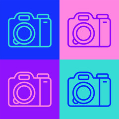 Sticker - Pop art line Photo camera icon isolated on color background. Foto camera. Digital photography. Vector