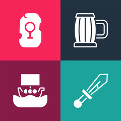 Poster - Set pop art Medieval sword, Viking ship Drakkar, Wooden beer mug and Magic rune icon. Vector