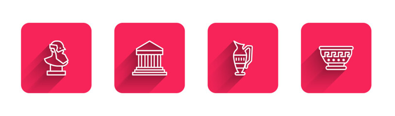 Sticker - Set line Ancient bust sculpture, Parthenon, amphorae and Greek ancient bowl with long shadow. Red square button. Vector