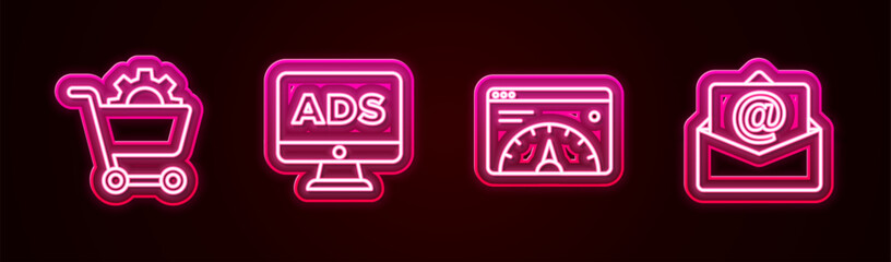 Sticker - Set line Shopping cart, Advertising, Website statistic and Mail and e-mail. Glowing neon icon. Vector