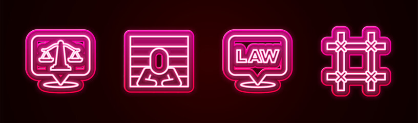 Sticker - Set line Scales of justice, Prisoner, Location law and window. Glowing neon icon. Vector