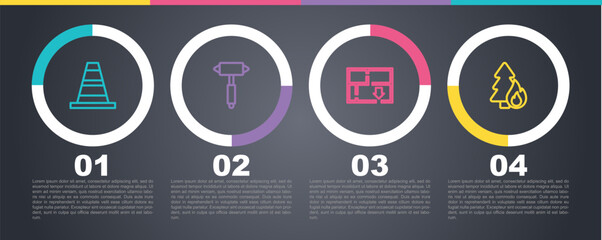 Canvas Print - Set line Traffic cone, Firefighter axe, Evacuation plan and Burning forest tree. Business infographic template. Vector