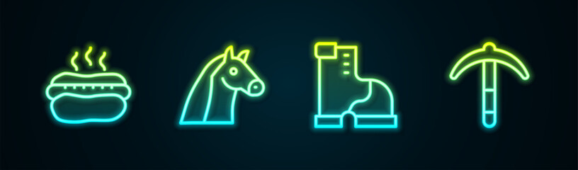 Poster - Set line Hotdog sandwich, Horse, Winter warm boot and Pickaxe. Glowing neon icon. Vector