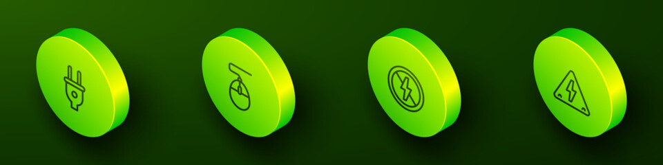 Poster - Set Isometric line Electric plug, Computer mouse, No lightning and High voltage icon. Vector