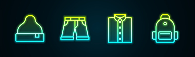 Poster - Set line Beanie hat, Short or pants, Shirt and School backpack. Glowing neon icon. Vector