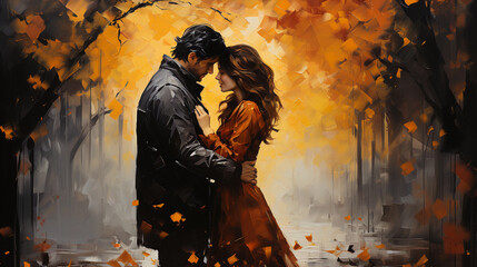 Wall Mural - lovely couple in a park in autumn or fall season