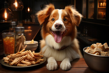 Sticker - Showcases a happy dog in front of a bowl of croquettes, portraying the joy and satisfaction of mealtime for our furry friends. Generative Ai.