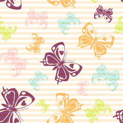 Wall Mural - Flying butterfly silhouettes over striped background vector seamless pattern.