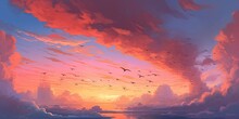 Birds Shaped Cloud In Sunset Sky, Illustration Painting